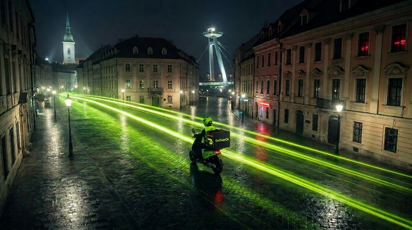 Courier on neon-lit night street